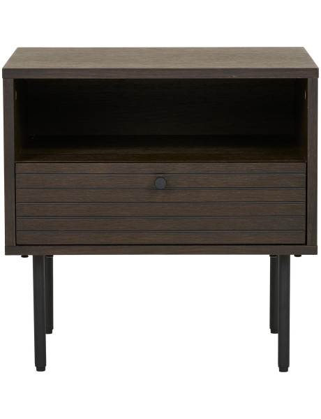 Grand Chevet moderne 1 tiroir 1 niche Bois MDF Marron Effet chêne fumé Feuille de mélamine Métal Noir Kyoto 