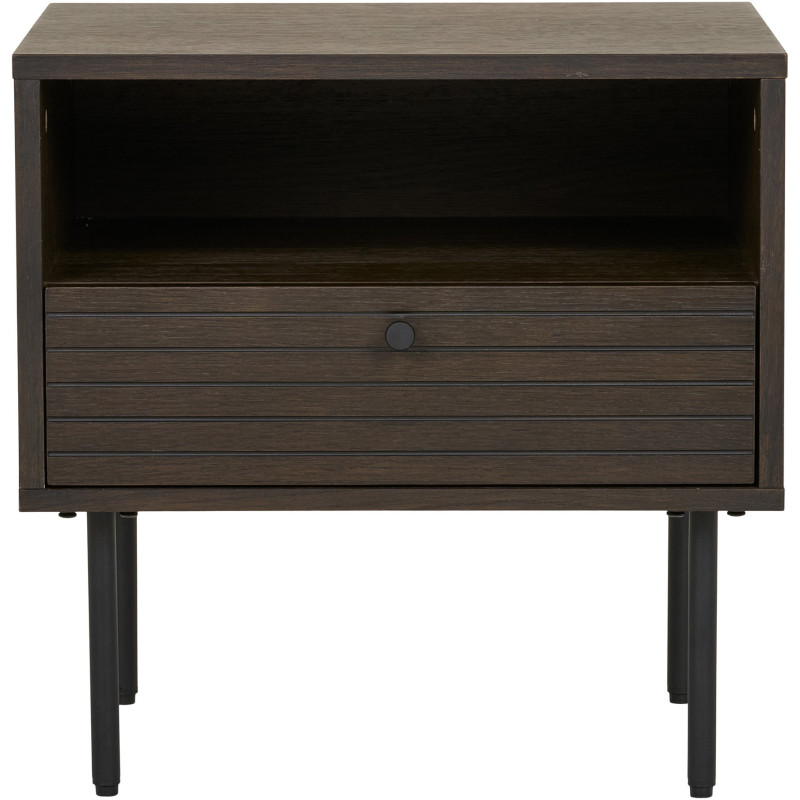 Grand Chevet moderne 1 tiroir 1 niche Bois MDF Marron Effet chêne fumé Feuille de mélamine Métal Noir Kyoto 