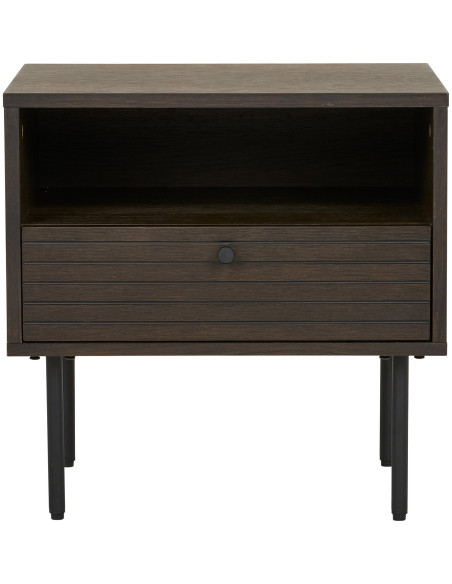 Grand Chevet moderne 1 tiroir 1 niche Bois MDF Marron Effet chêne fumé Feuille de mélamine Métal Noir Kyoto 