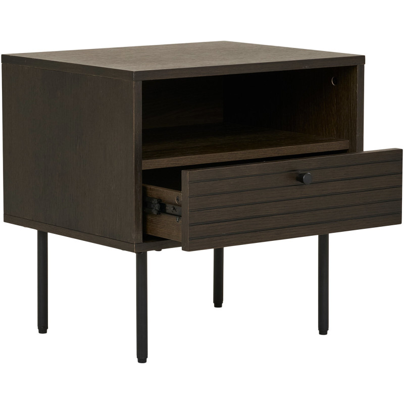 Grand Chevet moderne 1 tiroir 1 niche Bois MDF Marron Effet chêne fumé Feuille de mélamine Métal Noir Kyoto 