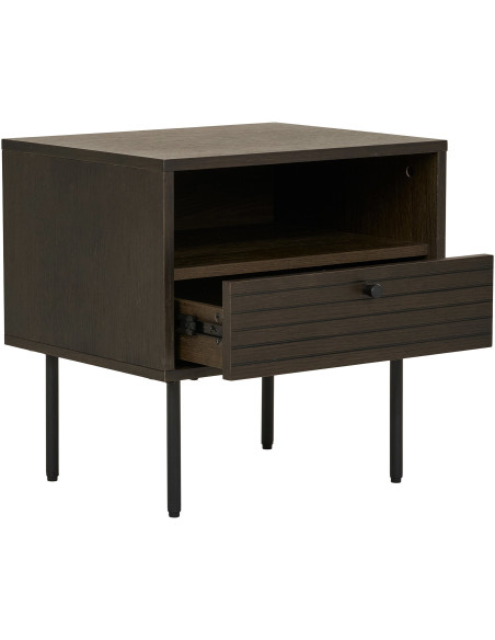 Grand Chevet moderne 1 tiroir 1 niche Bois MDF Marron Effet chêne fumé Feuille de mélamine Métal Noir Kyoto 