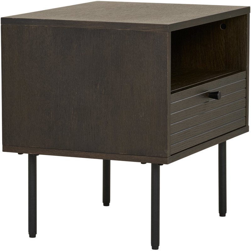 Grand Chevet moderne 1 tiroir 1 niche Bois MDF Marron Effet chêne fumé Feuille de mélamine Métal Noir Kyoto 