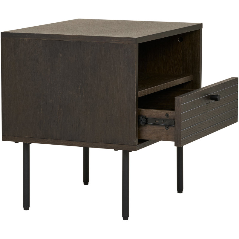 Grand Chevet moderne 1 tiroir 1 niche Bois MDF Marron Effet chêne fumé Feuille de mélamine Métal Noir Kyoto 