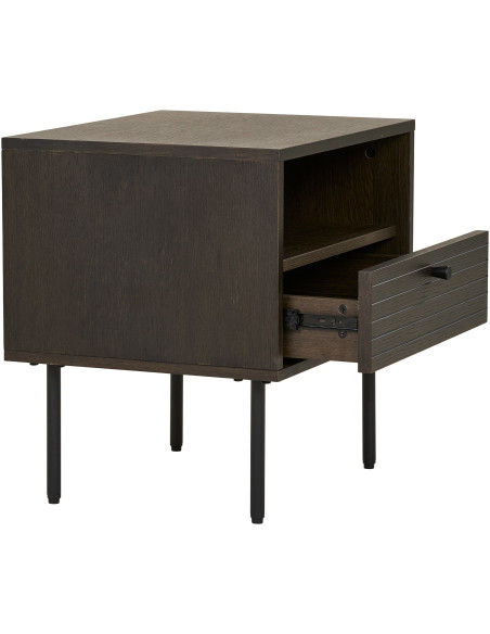 Grand Chevet moderne 1 tiroir 1 niche Bois MDF Marron Effet chêne fumé Feuille de mélamine Métal Noir Kyoto 