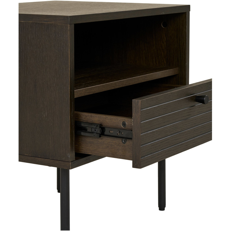 Grand Chevet moderne 1 tiroir 1 niche Bois MDF Marron Effet chêne fumé Feuille de mélamine Métal Noir Kyoto 