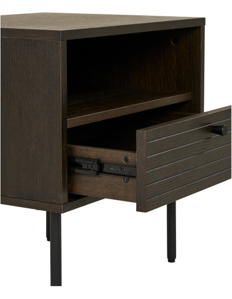 Grand Chevet moderne 1 tiroir 1 niche Bois MDF Marron Effet chêne fumé Feuille de mélamine Métal Noir Kyoto 