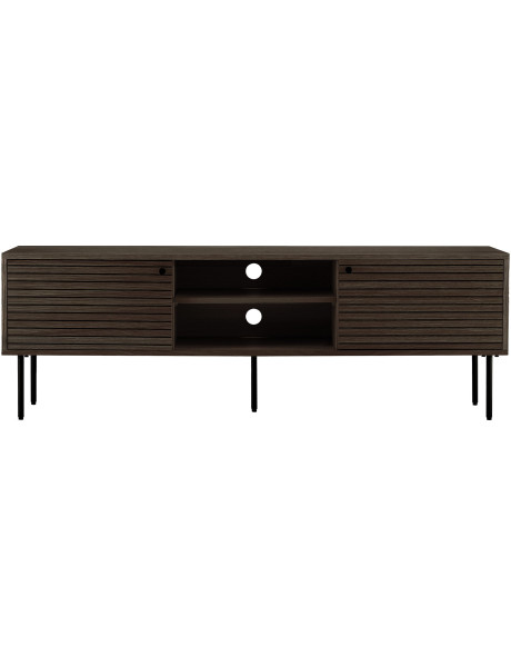 Meuble télé moderne 2 portes 2 niches Bois MDF Marron Effet chêne fumé Feuille de mélamine Métal Noir Kyoto 