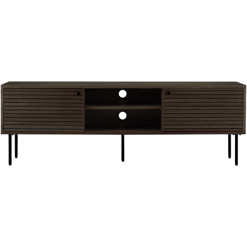 Meuble télé moderne 2 portes 2 niches Bois MDF Marron Effet chêne fumé Feuille de mélamine Métal Noir Kyoto 