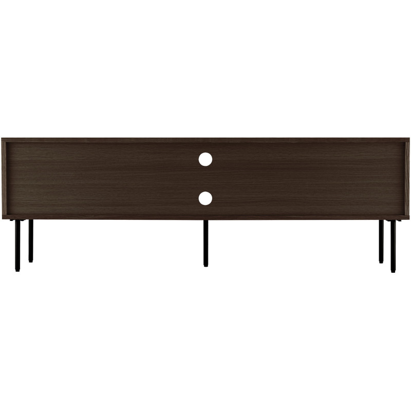 Meuble télé moderne 2 portes 2 niches Bois MDF Marron Effet chêne fumé Feuille de mélamine Métal Noir Kyoto 