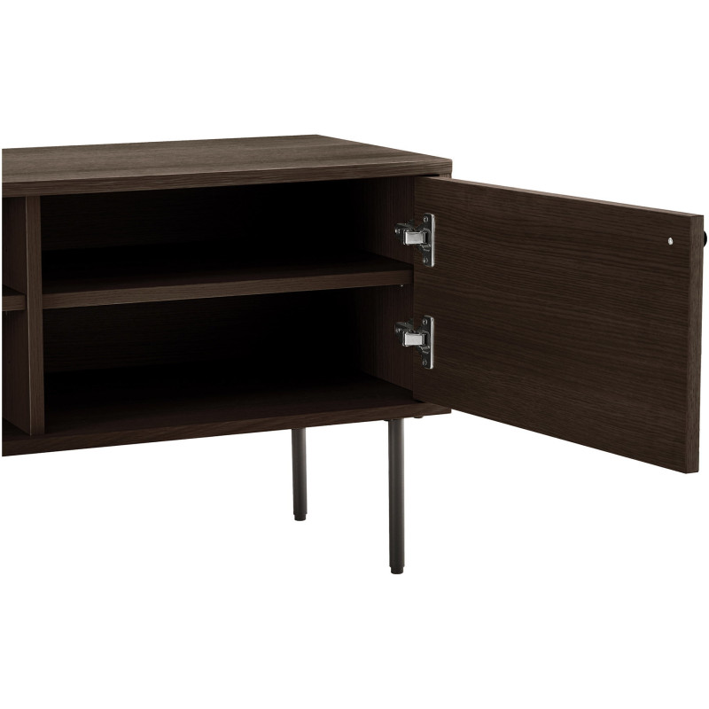 Meuble télé moderne 2 portes 2 niches Bois MDF Marron Effet chêne fumé Feuille de mélamine Métal Noir Kyoto 