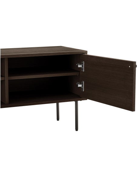 Meuble télé moderne 2 portes 2 niches Bois MDF Marron Effet chêne fumé Feuille de mélamine Métal Noir Kyoto 