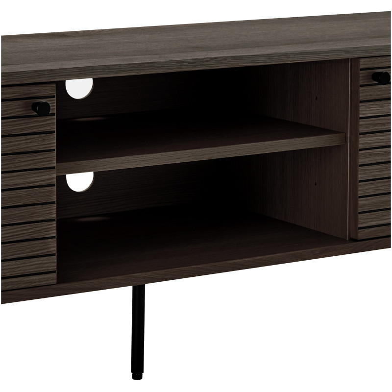 Meuble télé moderne 2 portes 2 niches Bois MDF Marron Effet chêne fumé Feuille de mélamine Métal Noir Kyoto 