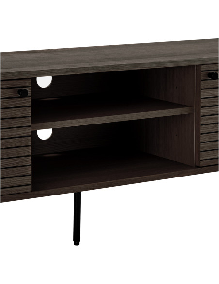 Meuble télé moderne 2 portes 2 niches Bois MDF Marron Effet chêne fumé Feuille de mélamine Métal Noir Kyoto 