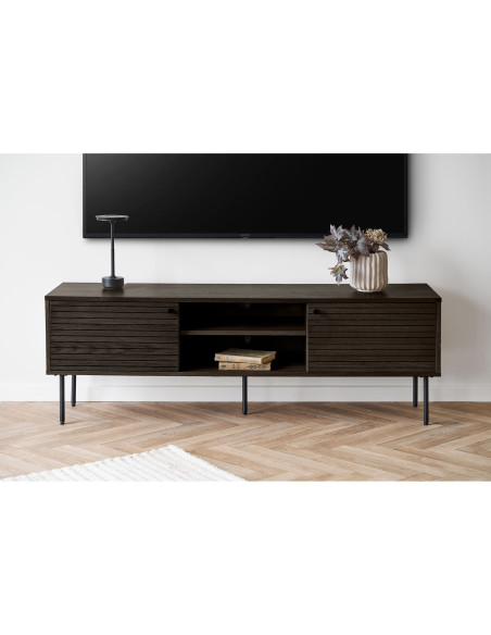 Meuble télé moderne 2 portes 2 niches Bois MDF Marron Effet chêne fumé Feuille de mélamine Métal Noir Kyoto 