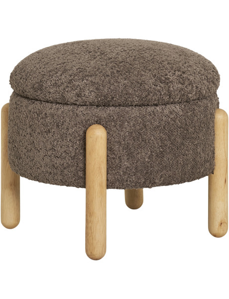 Pouf bouclette Coffre de rangement Rond Tissu Marron Bouclé Bois de pin Naturel Medas 