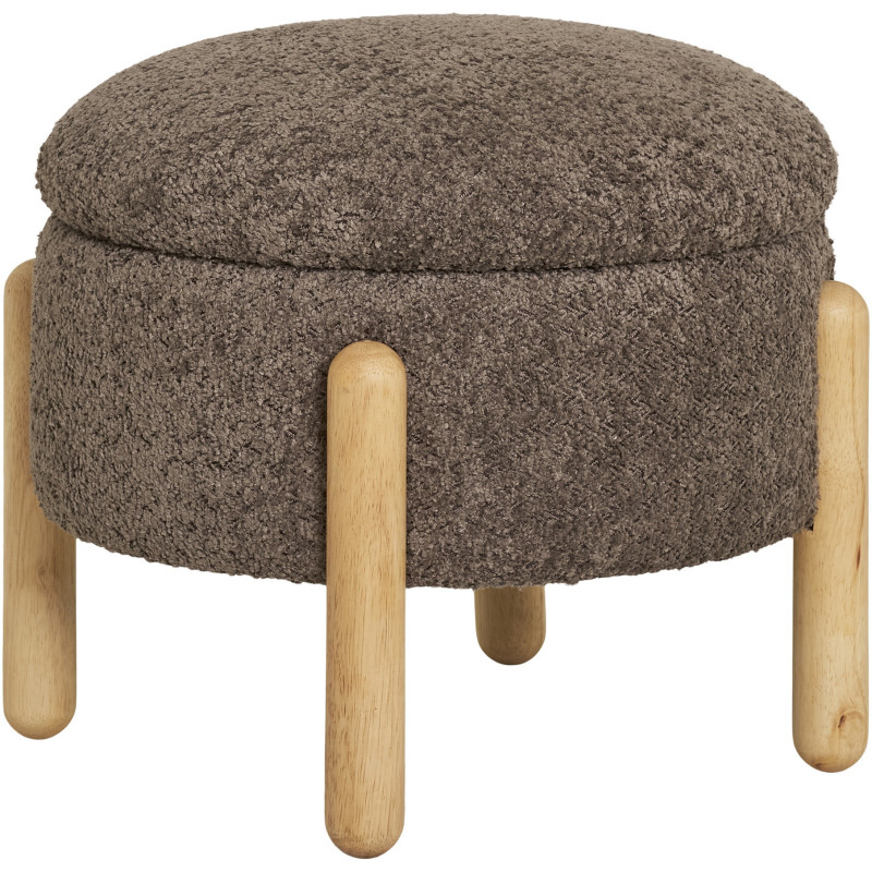 Pouf bouclette Coffre de rangement Rond Tissu Marron Bouclé Bois de pin Naturel Medas 