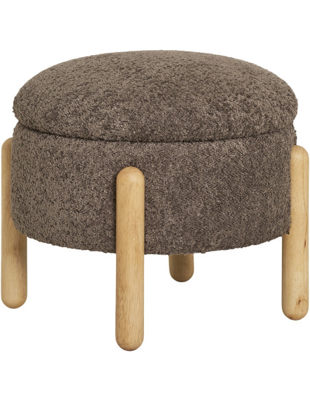 Pouf bouclette Coffre de rangement Rond Tissu Marron Bouclé Bois de pin Naturel Medas 