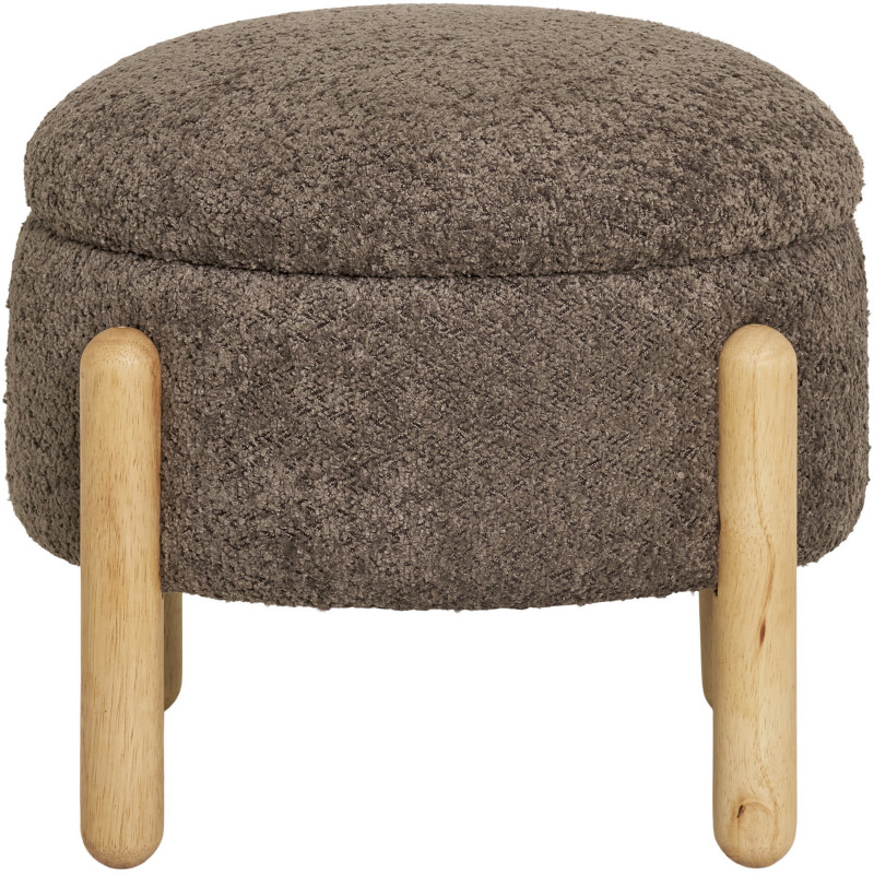 Pouf bouclette Coffre de rangement Rond Tissu Marron Bouclé Bois de pin Naturel Medas 