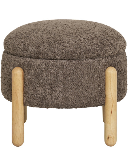 Pouf bouclette Coffre de rangement Rond Tissu Marron Bouclé Bois de pin Naturel Medas 