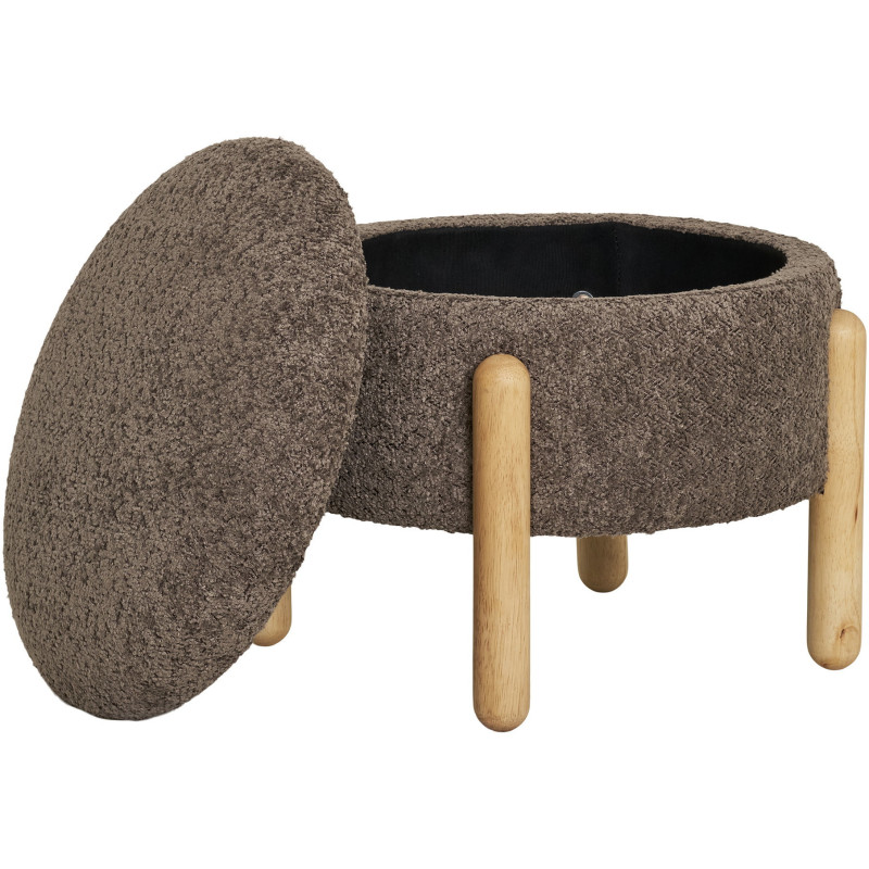 Pouf bouclette Coffre de rangement Rond Tissu Marron Bouclé Bois de pin Naturel Medas 