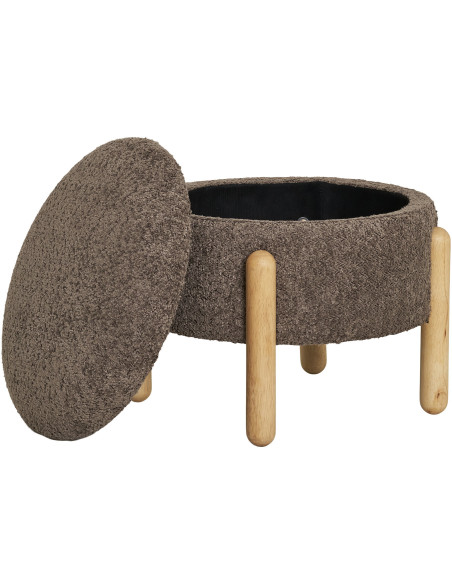 Pouf bouclette Coffre de rangement Rond Tissu Marron Bouclé Bois de pin Naturel Medas 