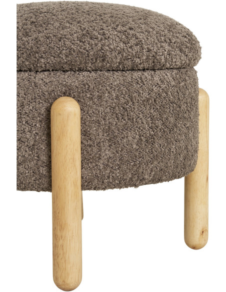 Pouf bouclette Coffre de rangement Rond Tissu Marron Bouclé Bois de pin Naturel Medas 