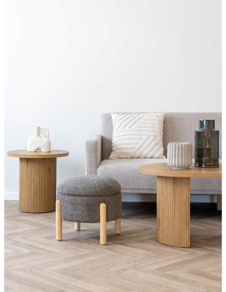 Pouf bouclette Coffre de rangement Rond Tissu Marron Bouclé Bois de pin Naturel Medas 