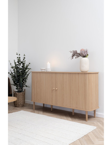 Grand Buffet moderne Bas 2 portes coulissantes Bois MDF Bois de pin Naturel Nikko 