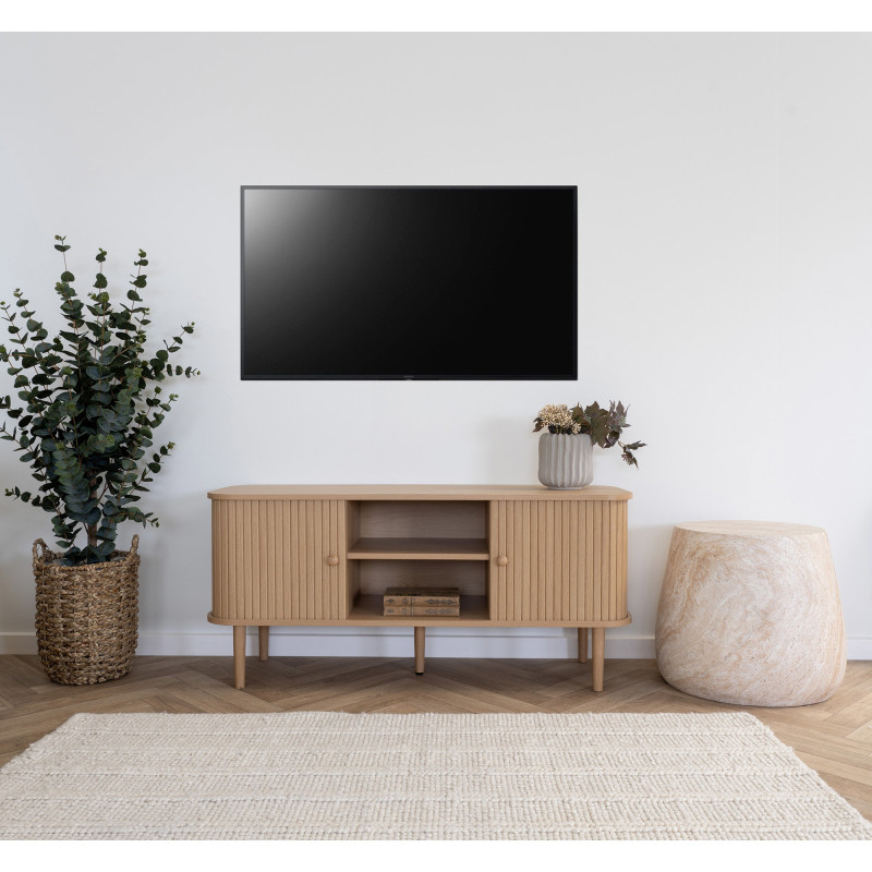 Meuble télé moderne 2 portes coulissantes 2 niches Bois MDF Bois de pin Naturel Nikko 