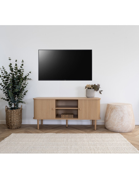Meuble télé moderne 2 portes coulissantes 2 niches Bois MDF Bois de pin Naturel Nikko 
