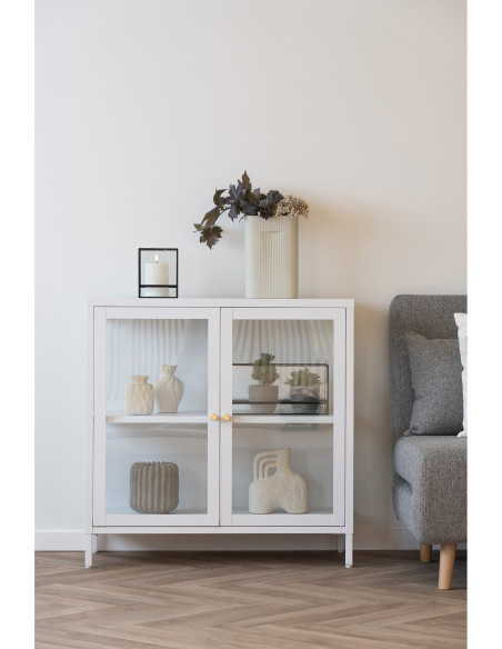 Buffet moderne Bas 2 portes Métal Blanc Verre Transparent Dalby 
