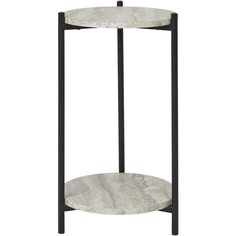 Table d'appoint moderne Ronde 1 étagère Bois MDF Beige Effet travertin Métal Noir Leuven 