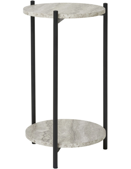 Table d'appoint moderne Ronde 1 étagère Bois MDF Beige Effet travertin Métal Noir Leuven 