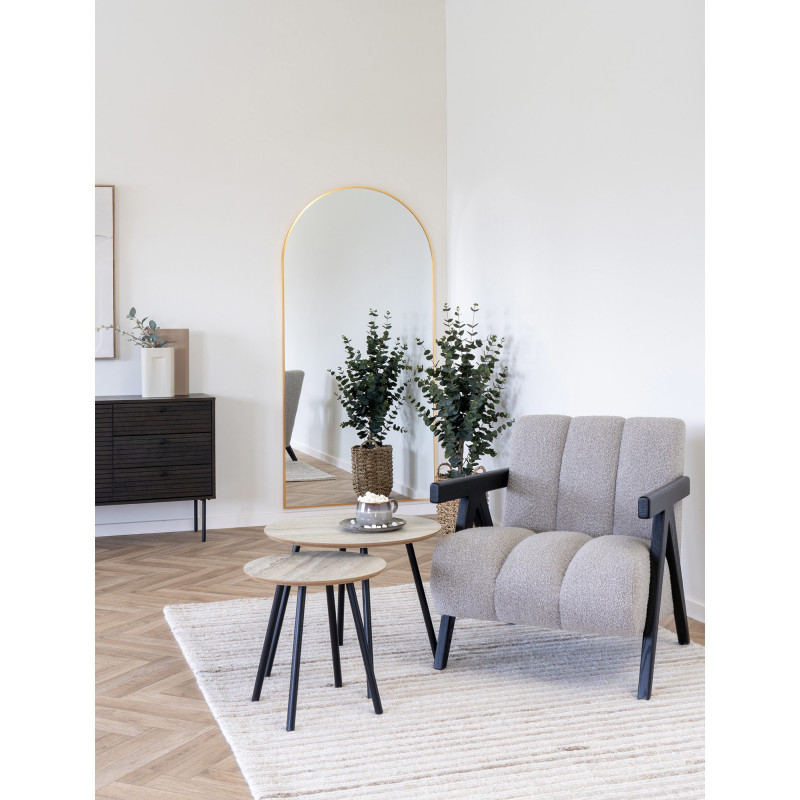 Table basse moderne Ronde Bois Beige Effet travertin Métal Noir Alost 