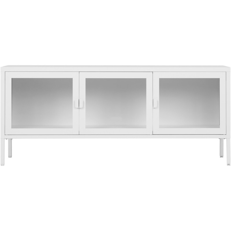 Meuble télé moderne 3 portes Métal Blanc Verre Transparent Brisbane 