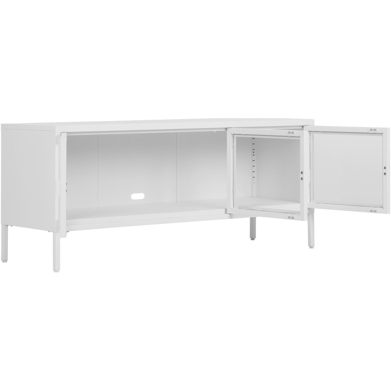 Meuble télé moderne 3 portes Métal Blanc Verre Transparent Brisbane 