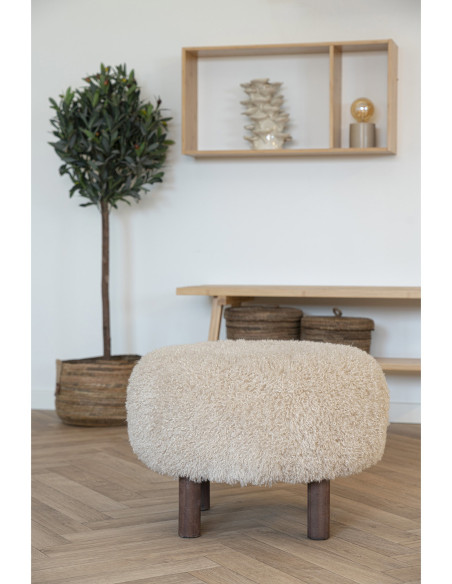 Grand Pouf poils longs Rond Tissu Marron clair Bois de pin Marron foncé Inverness 