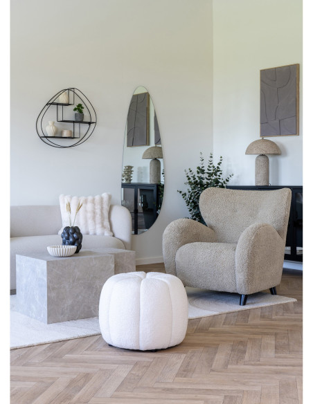 Pouf bouclette moderne chic Rond Tissu Blanc cassé Bouclé Paisley 