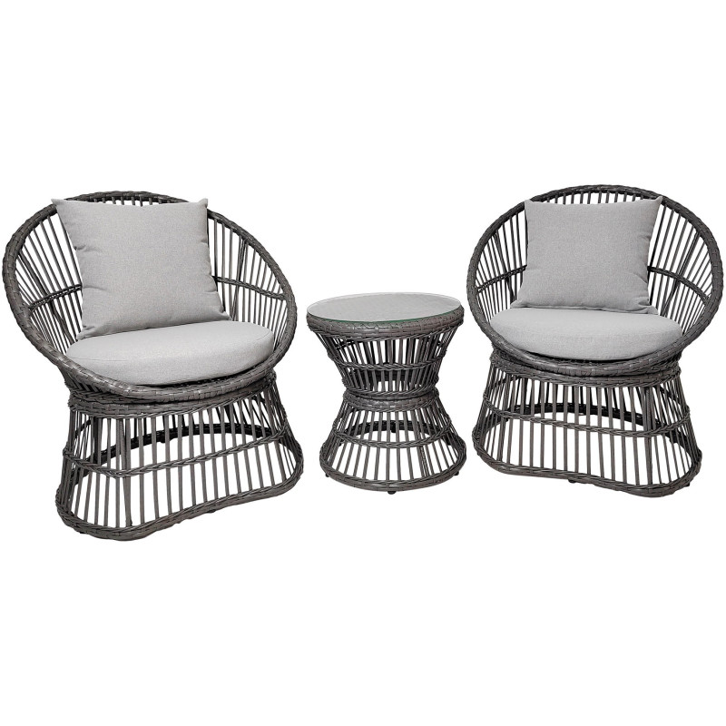 Salon de jardin moderne 2 Fauteuils 1 Table basse Rotin synthétique Métal Tissu Gris Natal 