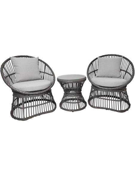 Salon de jardin moderne 2 Fauteuils 1 Table basse Rotin synthétique Métal Tissu Gris Natal 