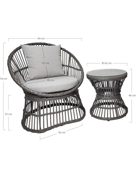 Salon de jardin moderne 2 Fauteuils 1 Table basse Rotin synthétique Métal Tissu Gris Natal 