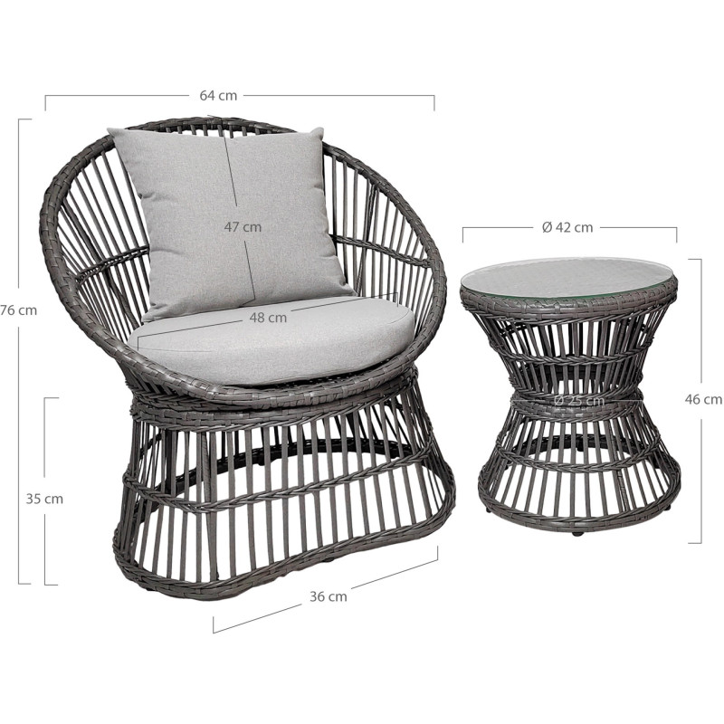 Salon de jardin moderne 2 Fauteuils 1 Table basse Rotin synthétique Métal Tissu Gris Natal 