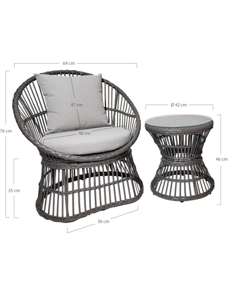 Salon de jardin moderne 2 Fauteuils 1 Table basse Rotin synthétique Métal Tissu Gris Natal 