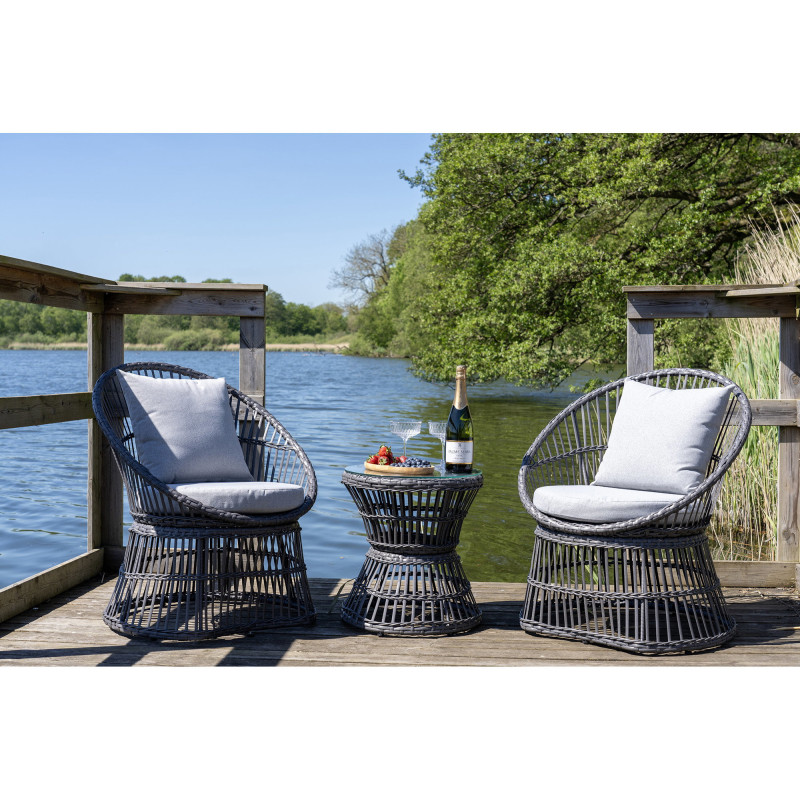 Salon de jardin moderne 2 Fauteuils 1 Table basse Rotin synthétique Métal Tissu Gris Natal 