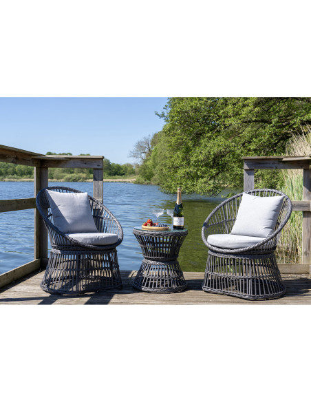 Salon de jardin moderne 2 Fauteuils 1 Table basse Rotin synthétique Métal Tissu Gris Natal 