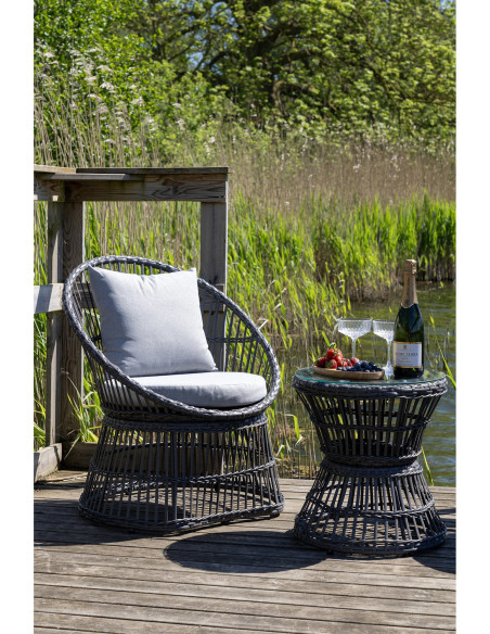 Salon de jardin moderne 2 Fauteuils 1 Table basse Rotin synthétique Métal Tissu Gris Natal 