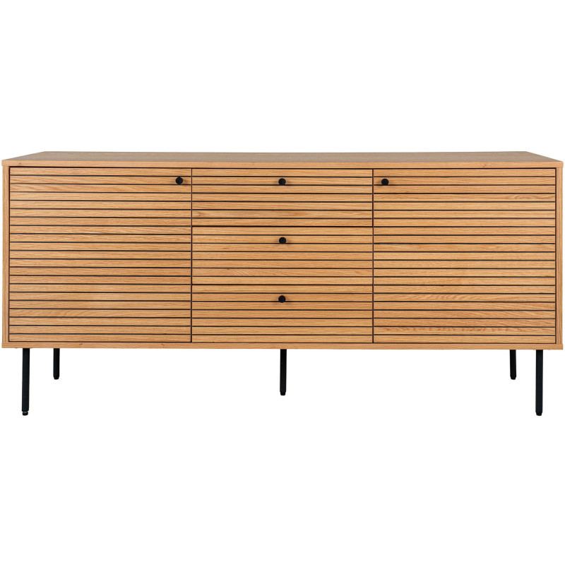 Grand Buffet moderne Bas 2 portes 3 tiroirs Bois MDF Naturel Effet chêne Feuille de mélamine Métal Noir Kyoto 