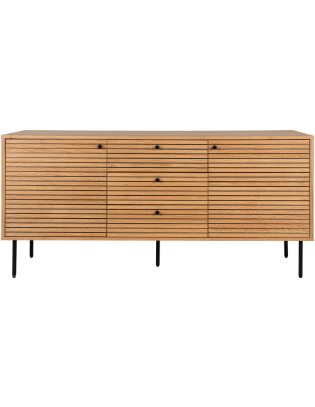 Grand Buffet moderne Bas 2 portes 3 tiroirs Bois MDF Naturel Effet chêne Feuille de mélamine Métal Noir Kyoto 