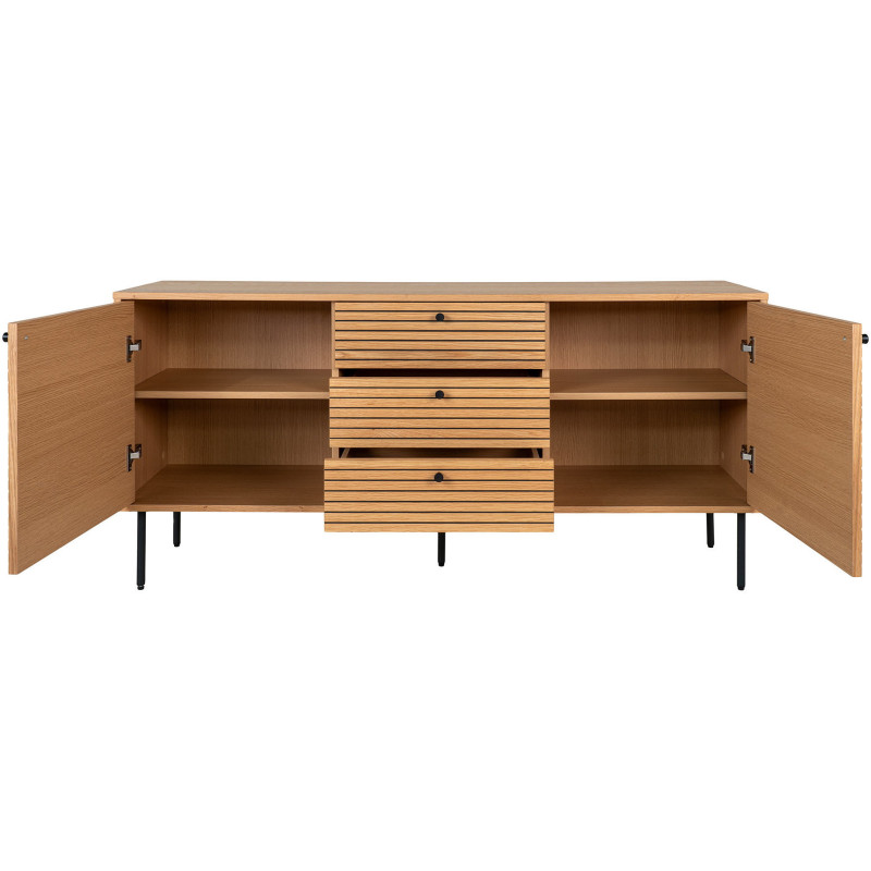 Grand Buffet moderne Bas 2 portes 3 tiroirs Bois MDF Naturel Effet chêne Feuille de mélamine Métal Noir Kyoto 