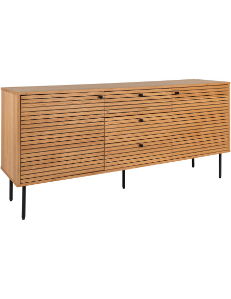 Grand Buffet moderne Bas 2 portes 3 tiroirs Bois MDF Naturel Effet chêne Feuille de mélamine Métal Noir Kyoto 